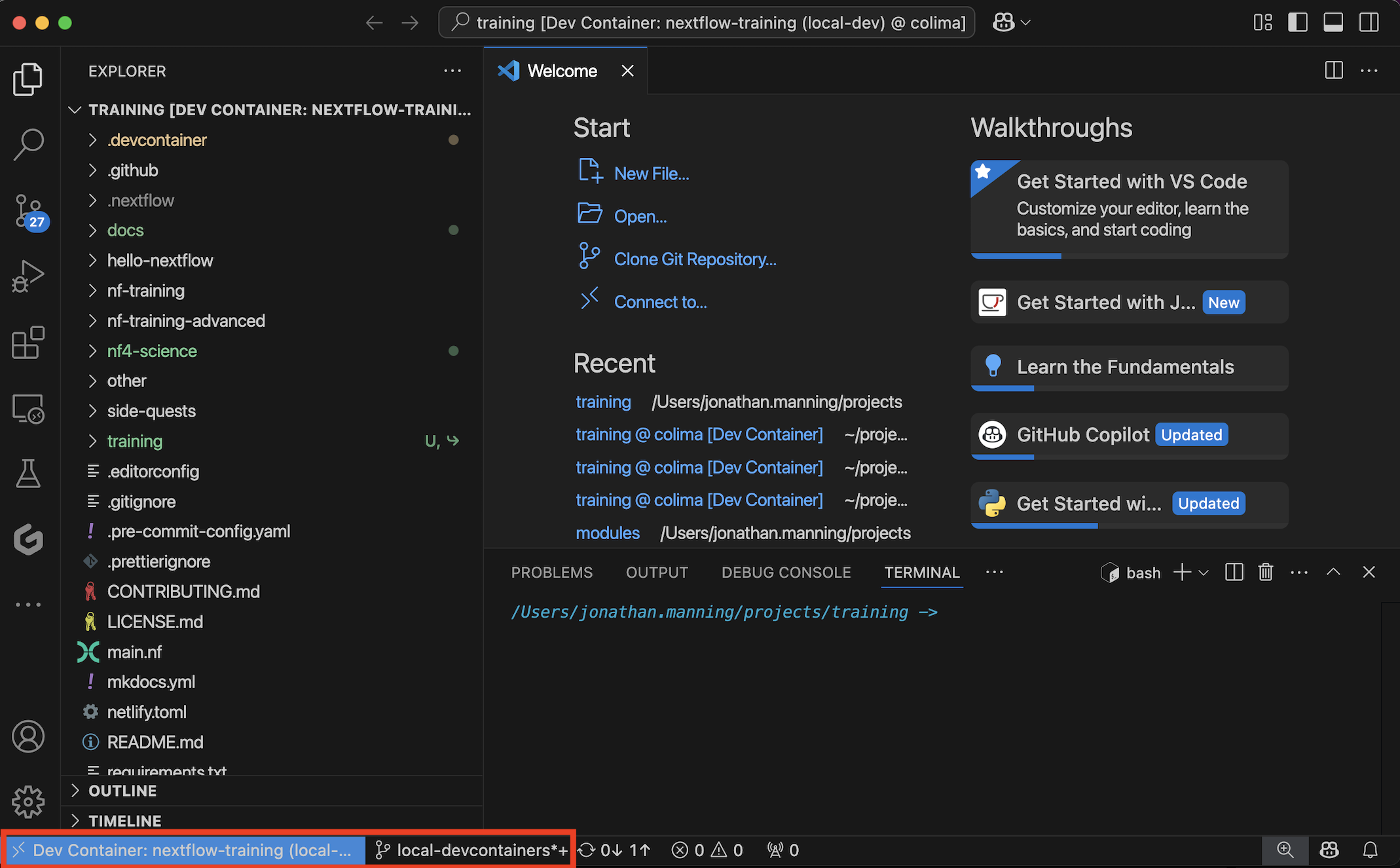 VS Code with devcontainer running